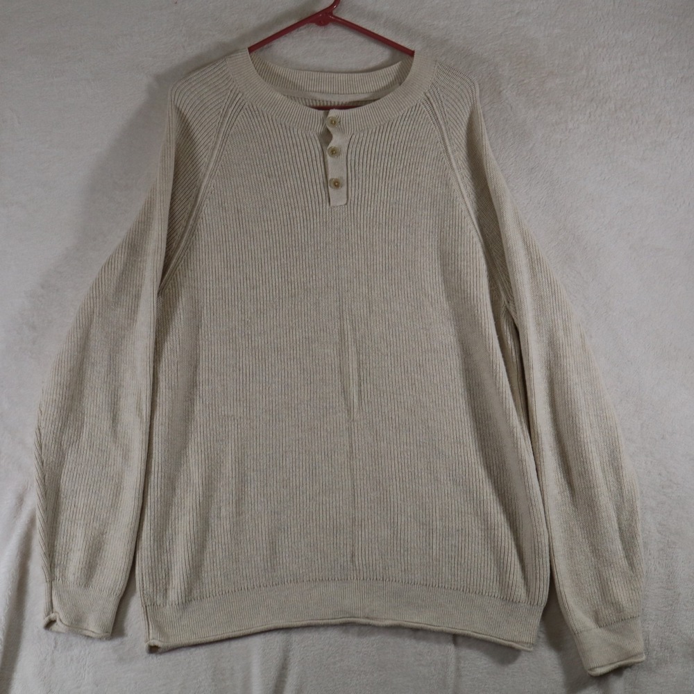 Lucky Brand Women's Size L Beige Rib‑Knit Henley Sweater Long Sleeve Pullover